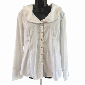 Soft Surroundings Shirt L White Crystal Buttons Wide Stiff  Collar